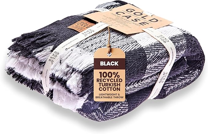 GOLD CASE Throw Blanket for Couch - 100% Recycled Turkish Cotton Blankets & Throws - Buffalo Soft Throw Blankets for Living Room - Boho Decorative Woven Couch Blanket - 60x80 - Black