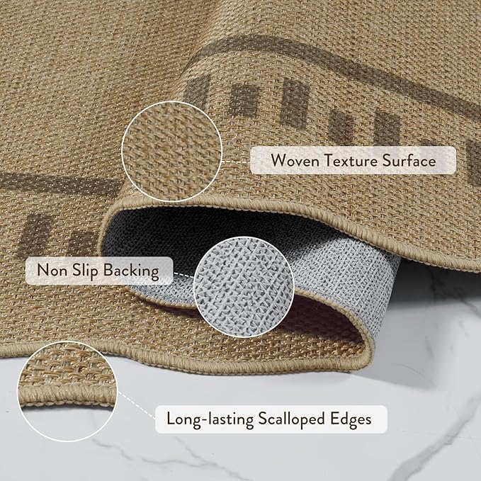 LIVEBOX Scalloped Washable 2x6 Runner Rug, Easy Jute Outdoor Rug Kitchen Tan Rugs for Entryway Hallway, Indoor Non Slip Rugs Farmhouse Geometric Modern Carpet for Laundry Room Bedroom Door Mat Porch
