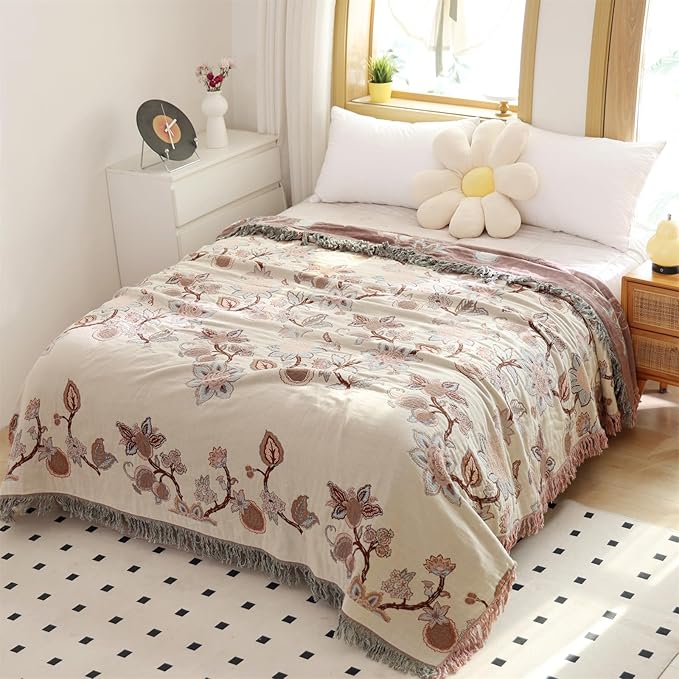 Boho Cotton Throw Blanket 60×80 Inch – Soft Breathable Muslin Throw for Couch, Sofa & Bed, Lightweight Farmhouse Decorative Blanket