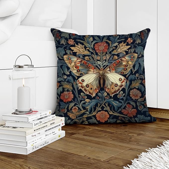William Morris Abstract Vintage Floral Velvet Butterfly Design Throw Pillow Covers Home Decor, Retro Art Decor Pillowcase Cushion Cover for Bed Sofa Living Room, Square 18x18inch (Blue-Butterfly)