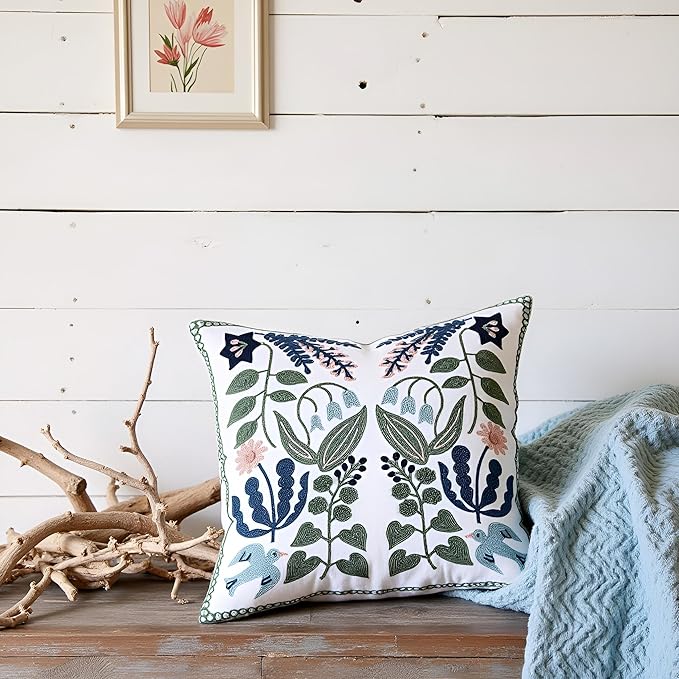 Tosleo Flower Embroidered Throw Pillow Covers 16x16 Pack of 2 Green Leaves with Birds Floral Tufted Pillowcases Spring Summer Decor Coastal Pillow Cushion Cases Square Navy Blue Flower Pillow Case