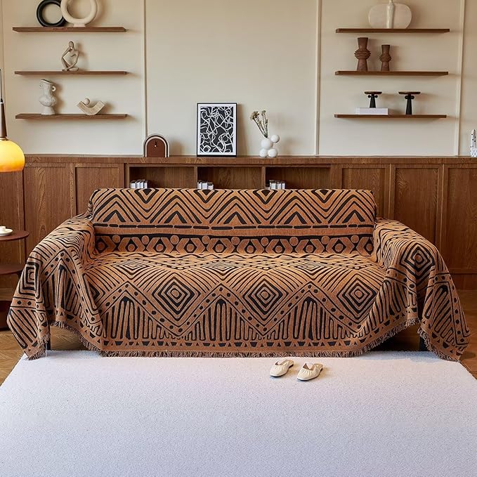 VClife Boho Couch Covers Washable Sofa Cover for Sofa, Luxury Sectional Couch Cover Chenille for 3 Cushion Couch, Anti Slip Pet Sofa Slipcover Dog Couch Cover Throw, Black Pumpkin Geometry, 71"x150"