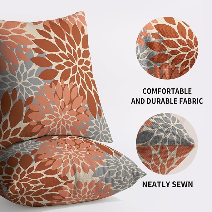 Burnt Orange Grey Gray Pillow Covers 22X22 Inch Set of 2, Modern Dahlia Floral Print Decorative Throw Pillow Covers Outdoor Farmhouse Cushion Case for Home Couch Sofa Bed Decoration