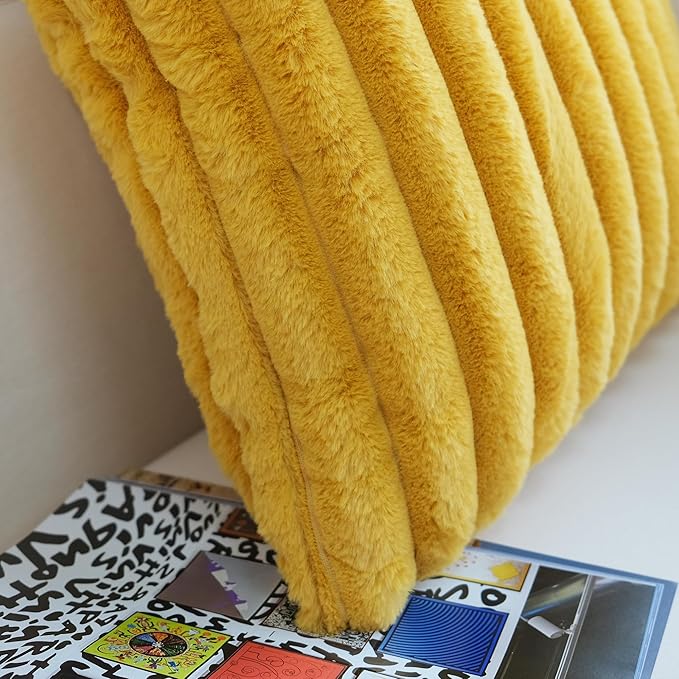 JOJUSIS Pack of 2 Faux Fur Plush Decorative Throw Pillow Covers Couch Cushion Case Soft Pillowcases (Mustard Yellow, 24 x 24-Inch)