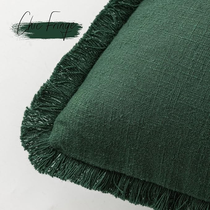 Foindtower Set of 2 Decorative Linen Fringe Throw Pillow Covers Cozy Boho Farmhouse Cushion Cover with Tassels Soft Accent Pillowcase for Couch Sofa Bed Living Room Home Decor, 22×22 Inch, Pine Green
