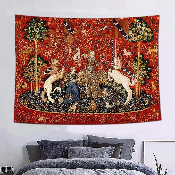 FEASRT European Royal Tapestry Medieval Princess Tapestry, 60x40 Inches Soft Flannelette, Lady and Unicorn for Living Room Bedroom Dorm Decor