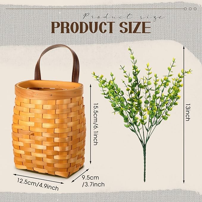 3 Pack Wall Hanging Wicker Basket with Artificial Eucalyptus Farmhouse Woven Storage Organizer Wood Flower Plants Basket Rustic Wall Decor for Porch Living Room Bedroom Entryway