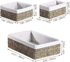 FairyHaus Seagrass Storage Baskets with Liner, Natural Small Seagrass Baskets, Hand-woven Nesting Wicker Baskets Set for Shelves Rectangle 3Pack (L+M+S)