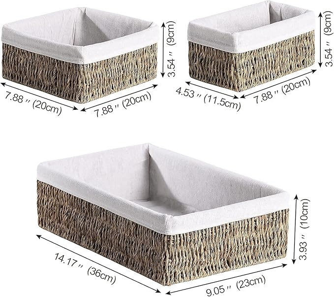 FairyHaus Seagrass Storage Baskets with Liner, Natural Small Seagrass Baskets, Hand-woven Nesting Wicker Baskets Set for Shelves Rectangle 3Pack (L+M+S)