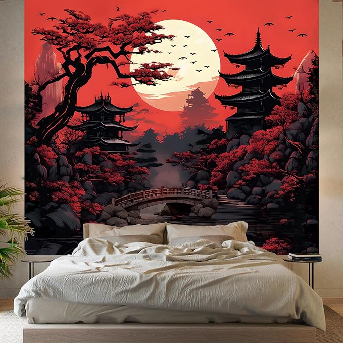 Atrippy Anime Wall Tapestry for Bedroom Aesthetic, Large Black Red Japanese Forest Moon Wall Art Decor Tapestries Wall Hanging, Vintage Dark Nature Mountain Landscape Backdrop for Living Room 60"X79"