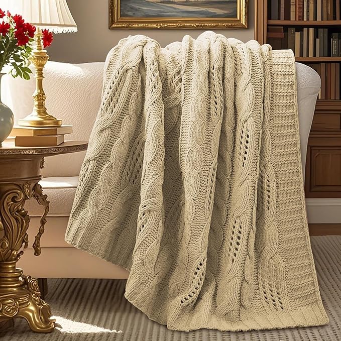 Amélie Home Chunky Knit Throw Blanket, Dual-Sided Soft Chenille Breathable Cable Knitted Blanket for Couch, Farmhouse Decorative Throw for Sofa & Chair, 50"x60", Beige