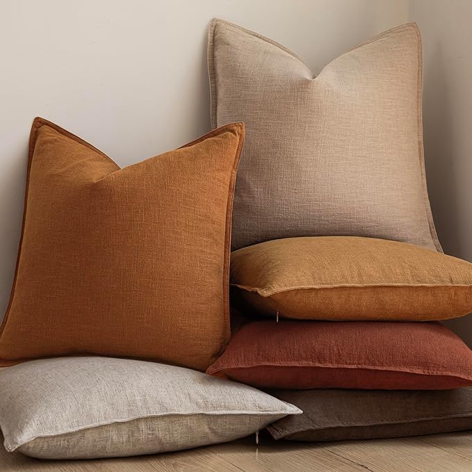 Foindtower Set of 2, Decorative Linen Soild Throw Pillow Covers Soft Accent Cushion Euro Case Boho Farmhouse Pillowcase for Chair Couch Sofa Bedroom Living Room Home Decor 24 x 24 Inch Autumn Orange