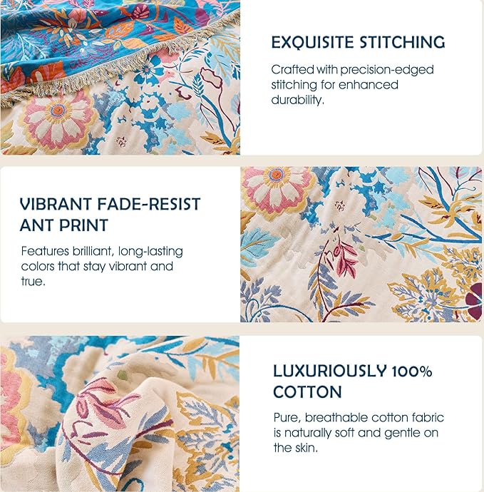 Boho Throw Blanket - 100% Cotton Throw Blankets for Bed Couch, 50"x60" Soft Muslin Lightweight Spring Throw Blanket, Cozy Floral Plant Printed Bohemain Bedding Decor Green Throw Quilt