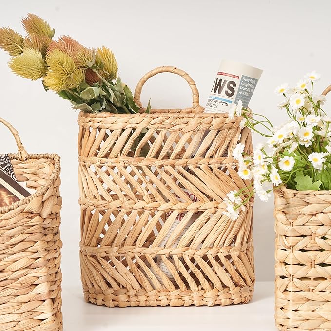 Hanging Basket for Front Door & Wall - Large Farmhouse Outdoor Planter, Holds Plants Mail Flowers, Woven Water Hyacinth Organizer, 12x10.5x5.3in