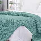 Bigacogo Chunky Knit Throw Blanket for Couch, 51x63 inches, 100% Hand Knitted with Thick Jumbo Chenille Yarn, Cozy Soft Large Rope Knot Cable Crochet Blankets for Sofa Bed Living Room, Light Teal