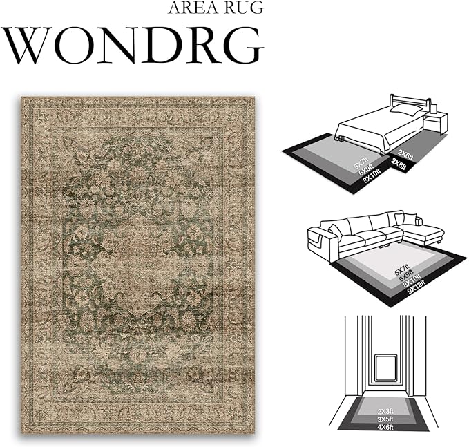 2x6 Washable Vintage Runner Rug Green Brown Hallway Kitchen Carpet Non-Slip Soft Low Pile Distressed Throw Rug for Bedroom Bathroom Laundry Living Room