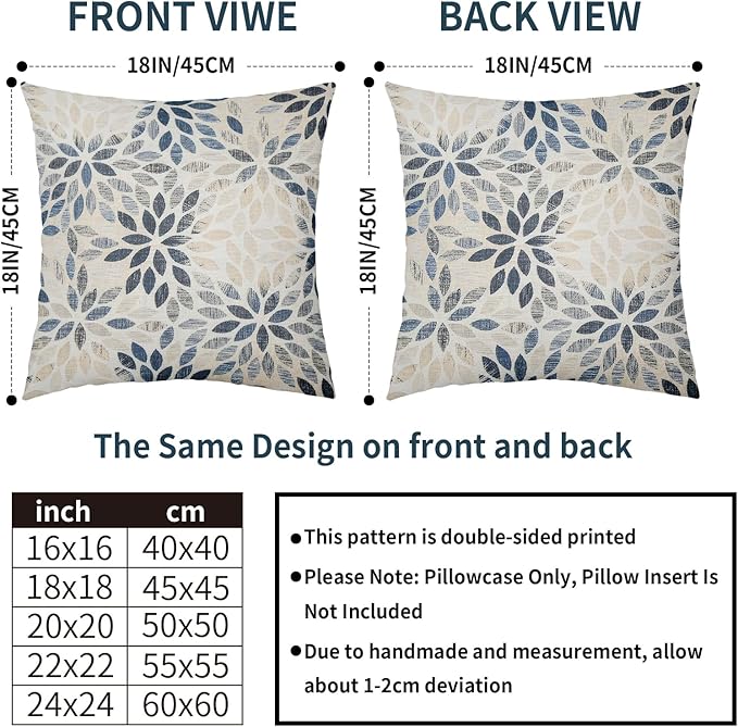 Kawani Navy Blue Dahlia Throw Pillow Covers 18x18 Inch Rustic Geometric Flower Decorative Square Pillow Cases Beige Tan Gray Floral Cushion Covers Farmhouse Home Decor for Sofa Couch Outdoor Set of 2