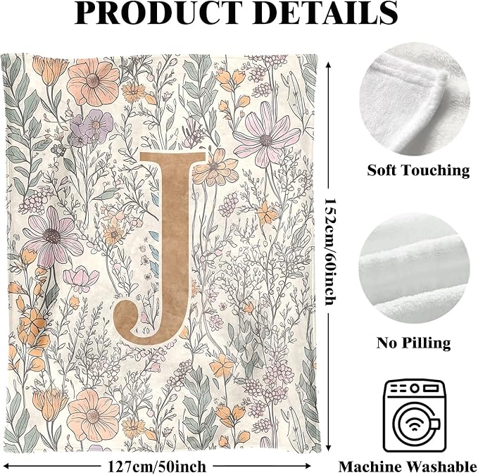 JXREQ Throw Blanket Initial Letter J Personalized Monogrammed Gifts for Women Teen Girls Frends, Boho Floral Throw Blankets for Bed Sofa Living Room Office, 50x60 Inch