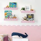 AELS Scalloped Nursery Bookshelf, Set of 4, Picture Ledge Shelf for Wall Decor, Woven Natural Fibre Floating Shelves for Books, Toys, Photo Frame, Nursery, Boho Modern Farmhouse Book Shelf, Pale Pink