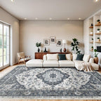 9x12 Vintage Washable Area Rug for Living Room,Low Pile Non Slip Carpet Non-Shedding Large Area Rug Soft Indoor Stain Resistant Rug Floral Print Mat for Bedroom Dining Room Blue Beige