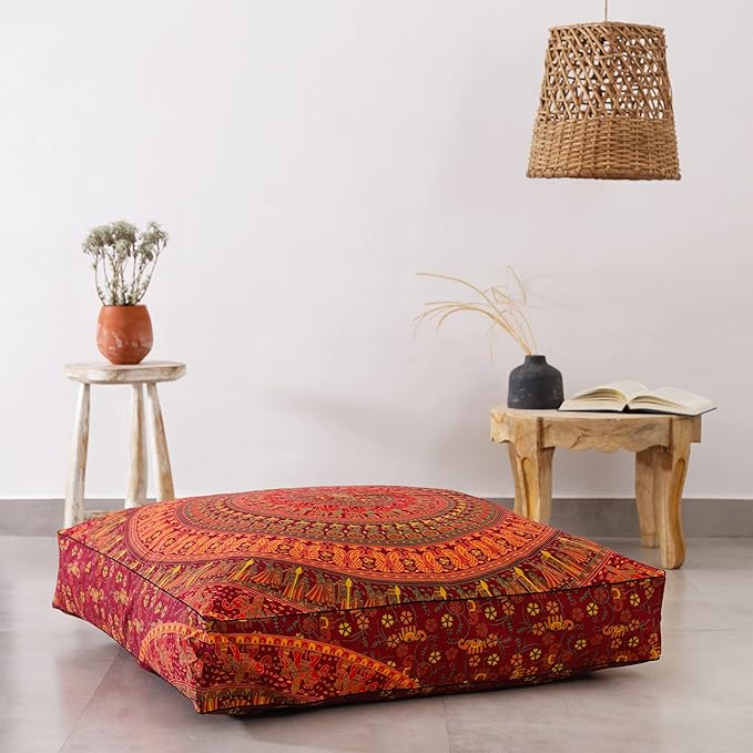 Popular Handicrafts Floor Pillow Cushion Cover - Hippie Elephant Mandala Square Ottoman Daybed Oversized Cotton Cushion Cover with Heavy Duty Zipper - Dog-Pets Bed, 35" Maroon
