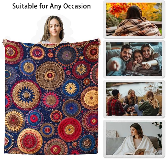 Colorful Bohemian Printed Blanket for Women Men, Mandala Circular Patterns Soft Lightweight All Season Throw for Home Decor, Couch, Bed, Camping, Travel, 40x50 Inches