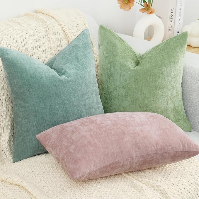 decorUhome Chenille Sage Green Spring Throw Pillow Covers 18x18 Inch Set of 2, Decorative Soft Couch Pillow Covers Solid Dyed Accent Farmhouse Neutral Square Pillow Cases for Sofa
