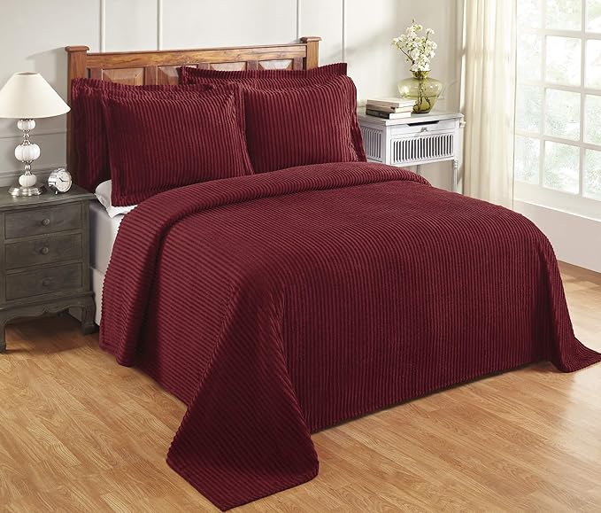 Better Trends Chenille Bedspreads Full/Double Size, Burgundy 100% Cotton Chenille Stripe Design Tufted Bedding Coverlet Soft Lightweight, 81"x110" 1 Pieces Jullian Collection