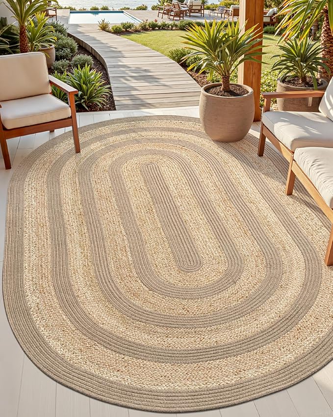 DEXI Jute Area Rug Natural Fiber 5x8 Oval, Woven Braided Durable Farmhouse Design Rugs for Living Room, Bedroom Dinning Room Office Outdoor Patio, Natural/Beige
