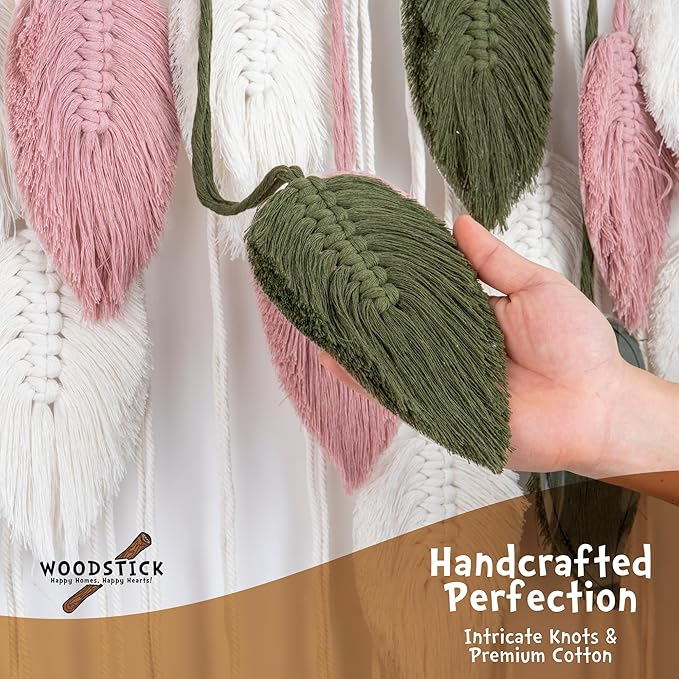 WOODSTICK Large Macrame Wall Hanging 39"W x 29.5"L - Boho Wall Decor in Beige, Old Pink & Green - Chic Woven Leaf Leaves Boho Tapestry, Handmade Cotton Fiber Art, Macrame Wall Décor, Bedroom Tapestry