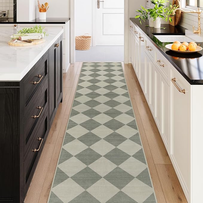 Beeiva Checkered Print Runners for Hallways Non Slip 2.5x12, Green Ultra Thin Washable Runner Rug Neutral Long Rugs for Hallway, Moroccan Plaid Floor Carpet for Kitchen, Modern Gingham Home Decor