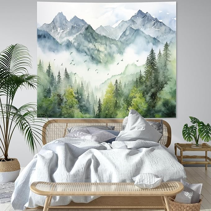 Atrippy Nature Forest Mountain Wall Tapestry for Bedroom, Large Green Misty Foggy Sage Trees Room Decor Tapestries Aesthetic, Landscape Backdrop for Living Room Dorm Office 60x79 Inches
