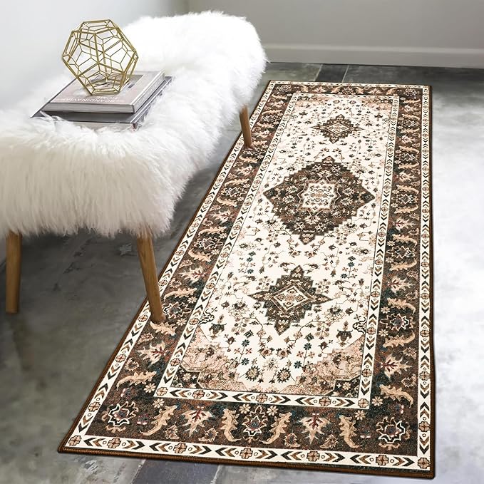 Amearea Vintage Design Runner Rugs for Living Room, 2x6 Machine Washable Floral Collection Traditional Bedroom Rug, Low Pile Cute Kids Room Print Carpet, No Slip Office Kitchen Home Decor, Brown