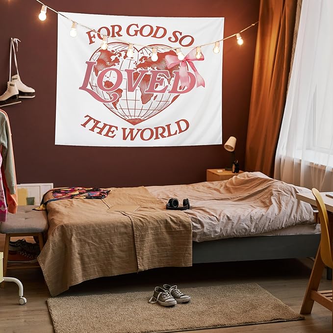 AQYIP Pink Christian Tapestry Wall Hanging, Coquette Pink Bow for God so Loved the World Christian Tapestry Decorative, Bible Verse Wall Blanket Decor for Girls Dorm Apartment Bedroom, 50x60 Inch