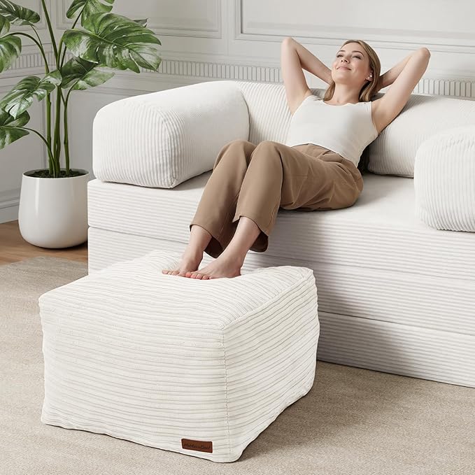 MeMoreCool Square Stuffed Pouf Ottoman Foot Rest, Stripe Furry Floor Pouf Foot Stool with Foam Chunk Filling, Soft Fluffy Stuffed Ottoman Footrest for Living Room, Corduroy Beige