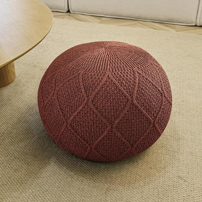 ARTPLAN Outdoor Round Pouf Ottoman Hand Knitted 100% Olifen Pouf Foot Stool, Foot Rest for Couch, Home Decor Pouffe Stuffed Pouf Floor Chair for Living Room, Bedroom,Lounge and Restroom,Brick Red