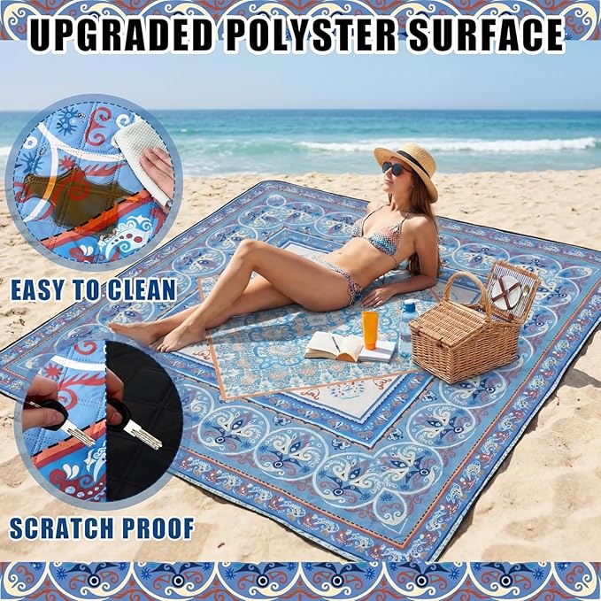 Boho Picnic Blankets 80''x 80'' Extra Large Beach Blanket Waterproof Sandproof Foldable Machine Washable Vintage Grass Lawn Park Mat for Family Camping Party Music Festival