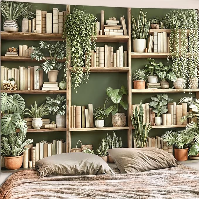 Accnicc Green Plant Bookshelf Tapestry Botanical Bookshelf Tapestries Wall Hanging Modern Potted Plants Bookshelf Backdrop Extra Large Tapestry for Bedroom Living Room Dorm 90 x 68 inch