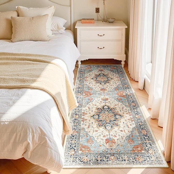 Area Rugs 3'x8' Runner Rug Non Slip Washable for Kitchen Hallway Bedroom Beside Laundry Room Bathroom Rug, Floor Carpet, Beige Navy Blue Orange Colorful
