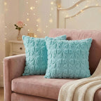 AVOIN colorlife Blue Spring Bow Throw Pillow Covers Set of 2, 18 x 18 Inch Coquette Aesthetic Room Decor Soft Plush Faux Fur Cushion Case for Girls Room