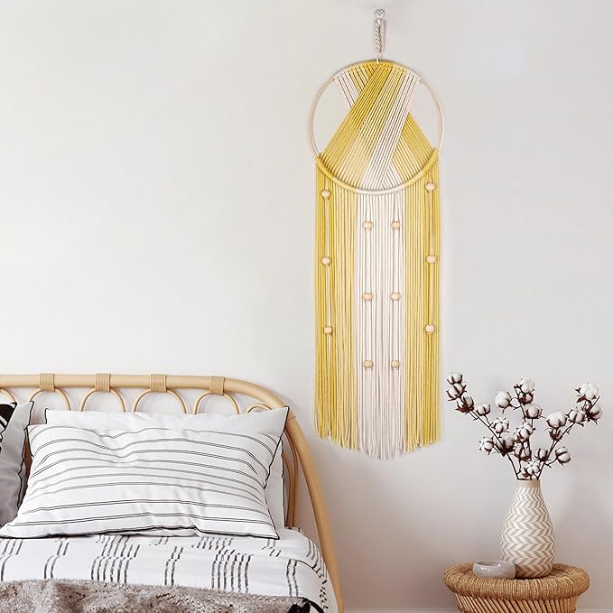 EOBTAIN Yellow Macrame Wall Hanging - Handmade Dream Catchers - Boho Dreamcatchers with Cotton Rope Tassel - Woven Wall Decor Tapestry for Living Roome Bedroom Home Decorations - 9.8" W x 31.5" L
