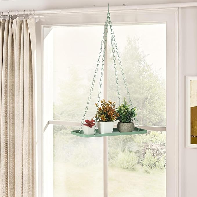 Shinehola Hanging Planters for Indoor Outdoor Plants (Length - 15.5"), Plant Hanger Indoor | Large Metal Hanging Plant Holder, Hanging Planter Shelf, No Plant/Pot Included (Green, 1-Tier)