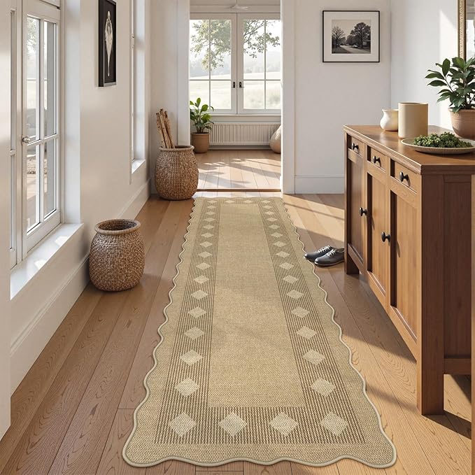 LIVEBOX Easy Jute Diamond Runner Rug for Kitchen, Scalloped Washable 2x8 Tan Rugs for Hallway Entryway, Geometric Checkered Indoor Outdoor Non Slip Rug Farmhouse Carpet Area Rugs for Porch Floor Mat