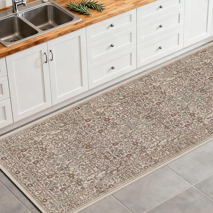 Washable 2' x 6' Runners for Hallways, Non Slip Long Floor Runner for Kitchen, Entryway Indoor, Stain Resistant Rubber Backing Floral Decor Rug (Moss)
