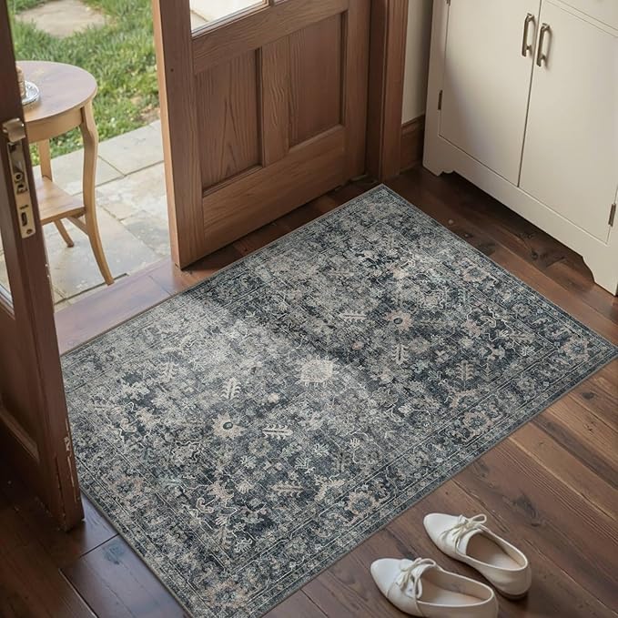 Entryway Rug Door Mat, Washable Samll 2x3 Rug, Blue Boho Front Door Mat, Non Slip Area Rugs, Low Pile Throw Accent Entry Carpet for Indoor Entrance, Bathroom and Kitchen(Blue 2x3ft)