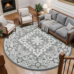 Lessymo 8FT Washable Round Area Rugs for Living Room, Non Slip Circle Rugs Low Pile Vintage Carpet for Bedroom, Dining Room, Nursery, Home Office, Grey Beige