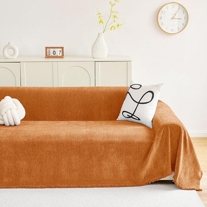 hyha Couch Cover for Dogs, Boho Sofa Covers for 3 Cushion Couch Washable, Chenille Sofa Slipcover for Pets, Soft Loveseat Sectional Couch Throw Blankets with Tassels (Orange, 88.5x134 Inch)