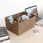 Hipiwe Seagrass Storage Opened Baskets Bin for Shelf Organizing Handwoven Wicker Baskets Rectangular Decorative Basket Closet Bedroom Organizer Bin Box Multipurpose Storage Basket with Handle