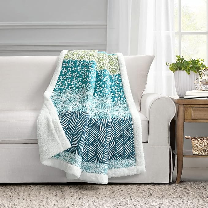 Lush Decor Bohemian Stripe Sherpa Throw Blanket, 50" W x 60" L, Blue & Green - Bold Colorful Boho Stripe Design - Quilted Print - Soft Sherpa Blanket For Bed, Couch, Or Chair