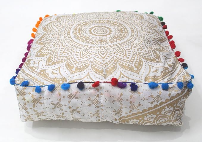 CRAFT KALA 24" Square Large Hippie Mandala Meditation Floor Ottoman Pillow Cushion Pouf Cover Square Poufs Bohemian Circle Floor Cushion Case Outdoor Fireplace Living Room Decor Cover Golden Ombre